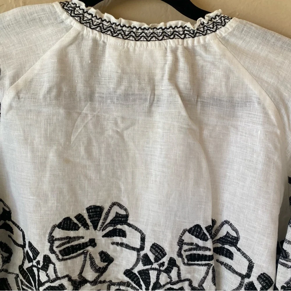 Chicos White Black Linen Embroidered Floral Jacket Zip-up Elbow Sleeves medium